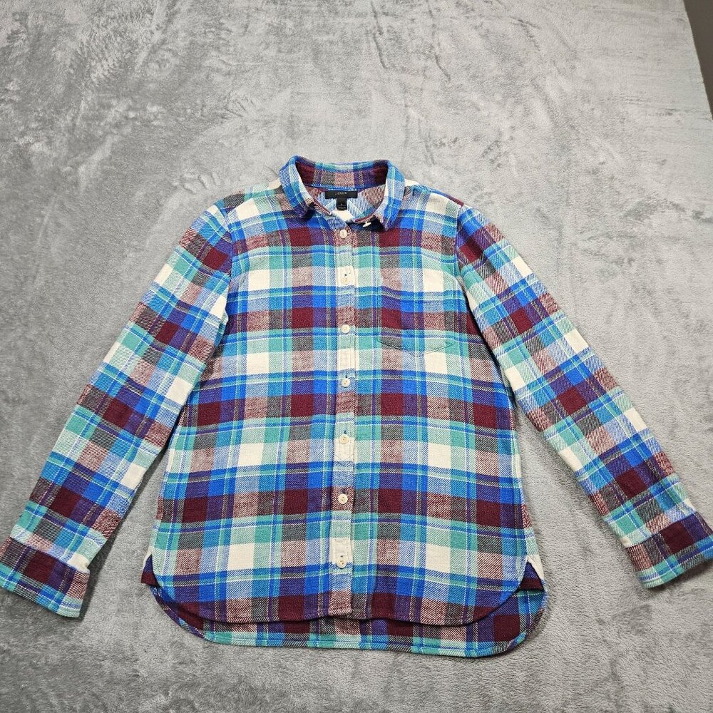 J Crew Top Womens 4 Blue Gemstone Plaid Shrunken Boy Shirt Button Up Flannel